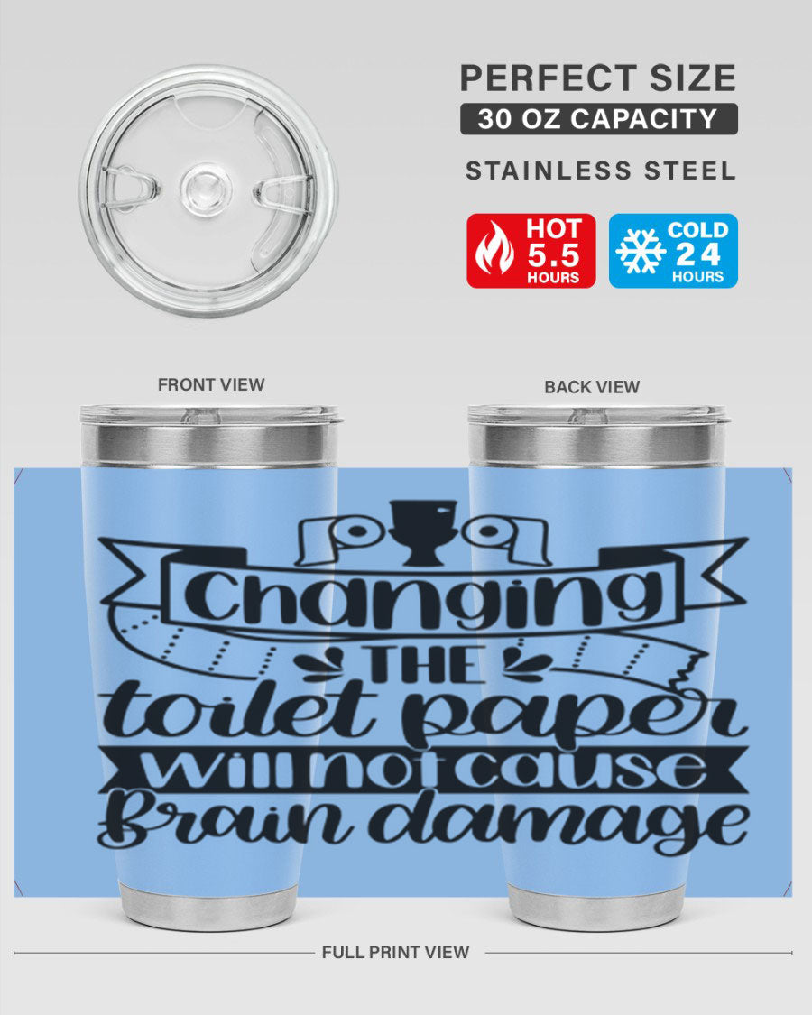 Changing the toilet paper 43# tumbler in stainless steel with a drink-thru lid, showcasing its sleek design and double wall insulation.
