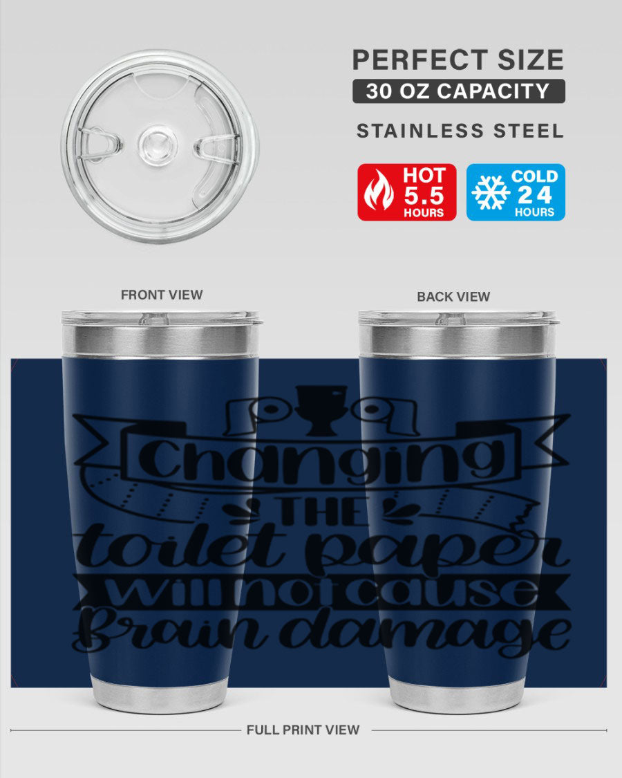 Changing the toilet paper 43# tumbler in stainless steel with a drink-thru lid, showcasing its sleek design and double wall insulation.