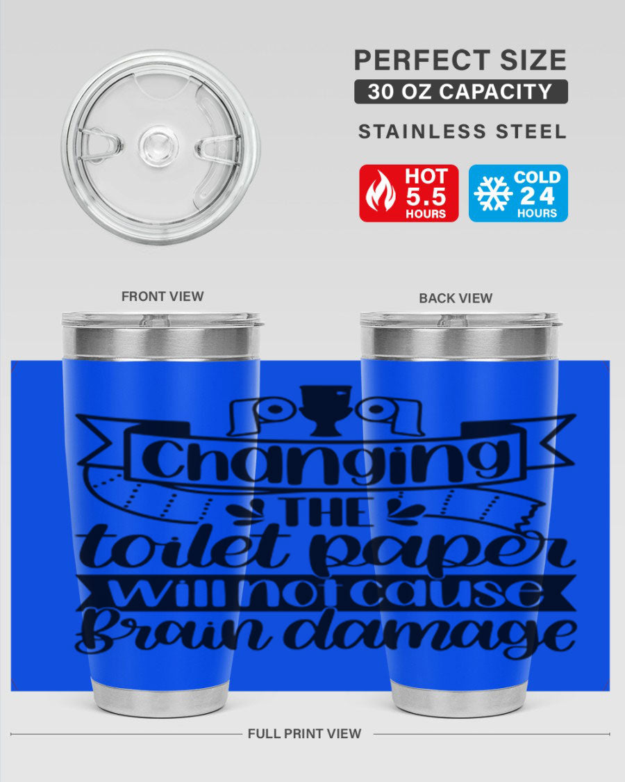 Changing the toilet paper 43# tumbler in stainless steel with a drink-thru lid, showcasing its sleek design and double wall insulation.