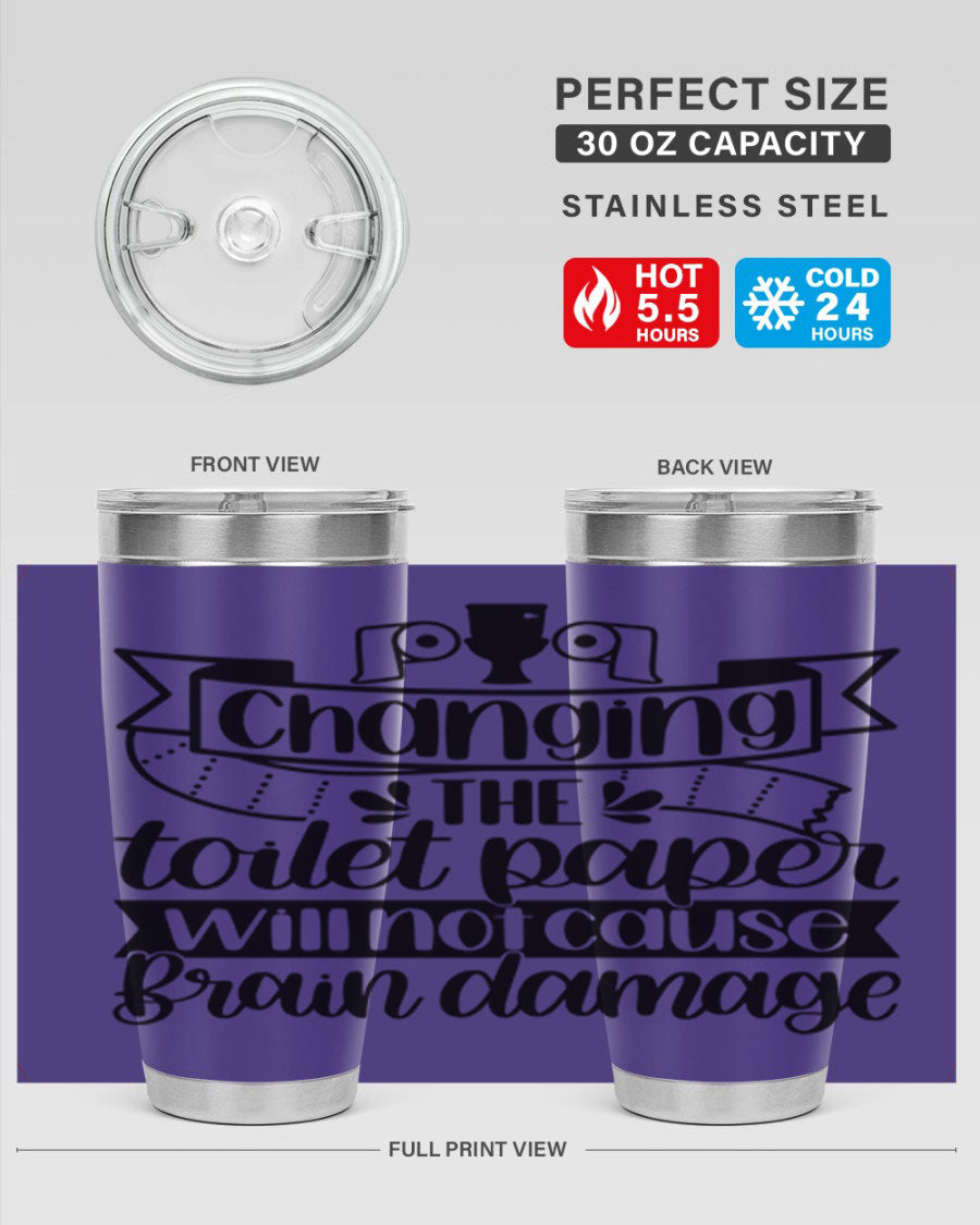 Changing the toilet paper 43# tumbler in stainless steel with a drink-thru lid, showcasing its sleek design and double wall insulation.