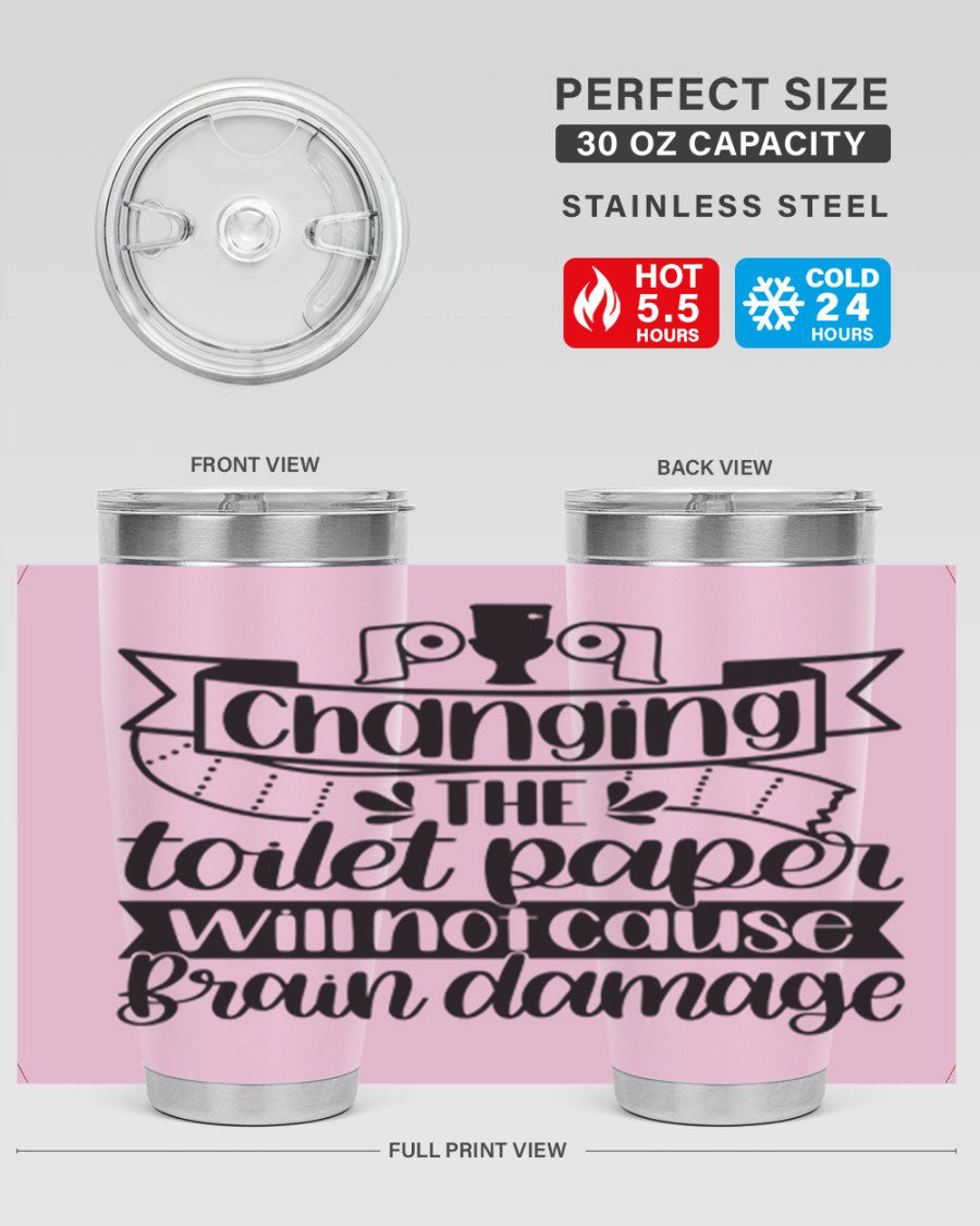 Changing the toilet paper 43# tumbler in stainless steel with a drink-thru lid, showcasing its sleek design and double wall insulation.