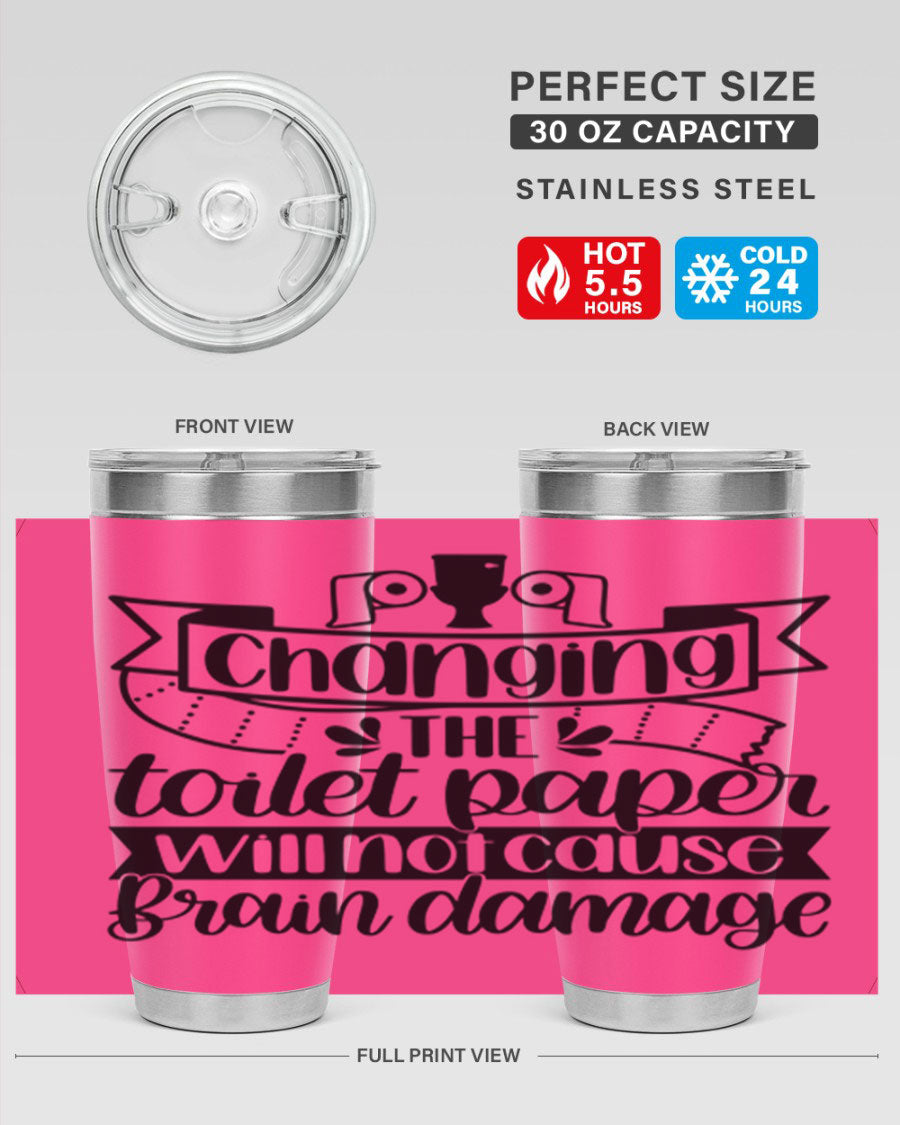 Changing the toilet paper 43# tumbler in stainless steel with a drink-thru lid, showcasing its sleek design and double wall insulation.