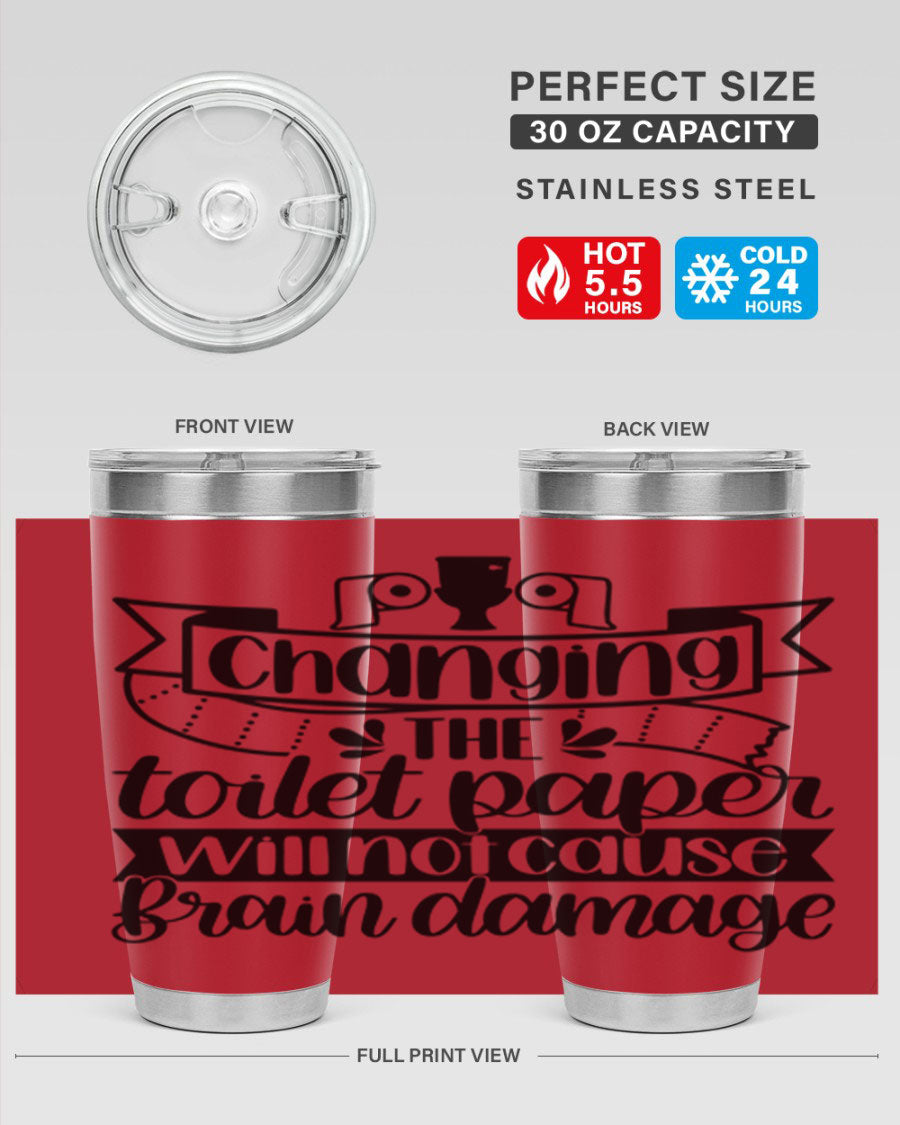 Changing the toilet paper 43# tumbler in stainless steel with a drink-thru lid, showcasing its sleek design and double wall insulation.