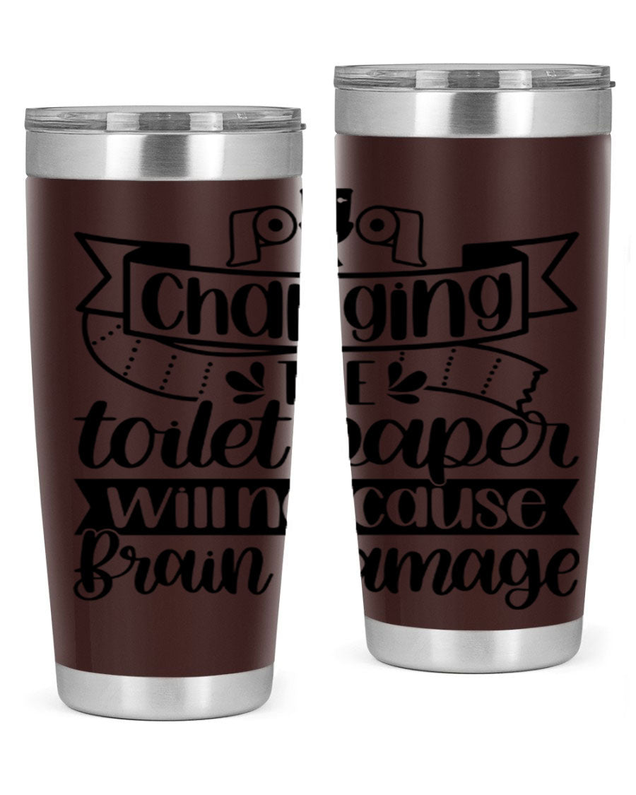 Changing the toilet paper 43# tumbler in stainless steel with a drink-thru lid, showcasing its sleek design and double wall insulation.