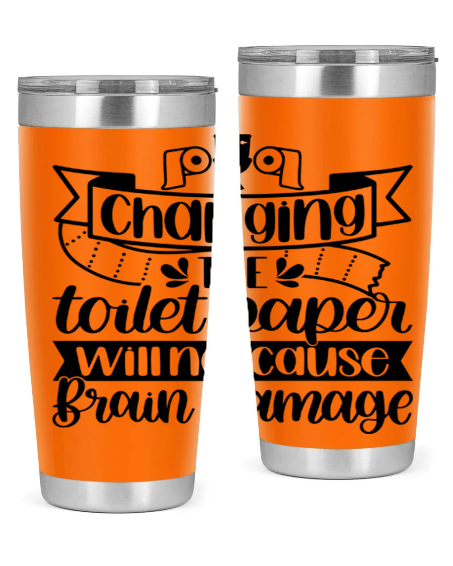 Changing the toilet paper 43# tumbler in stainless steel with a drink-thru lid, showcasing its sleek design and double wall insulation.