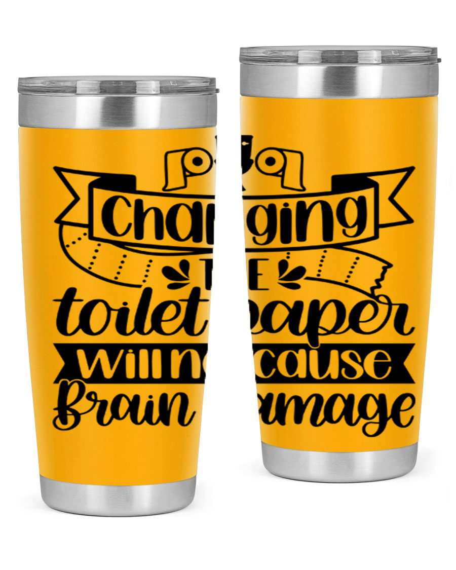 Changing the toilet paper 43# tumbler in stainless steel with a drink-thru lid, showcasing its sleek design and double wall insulation.