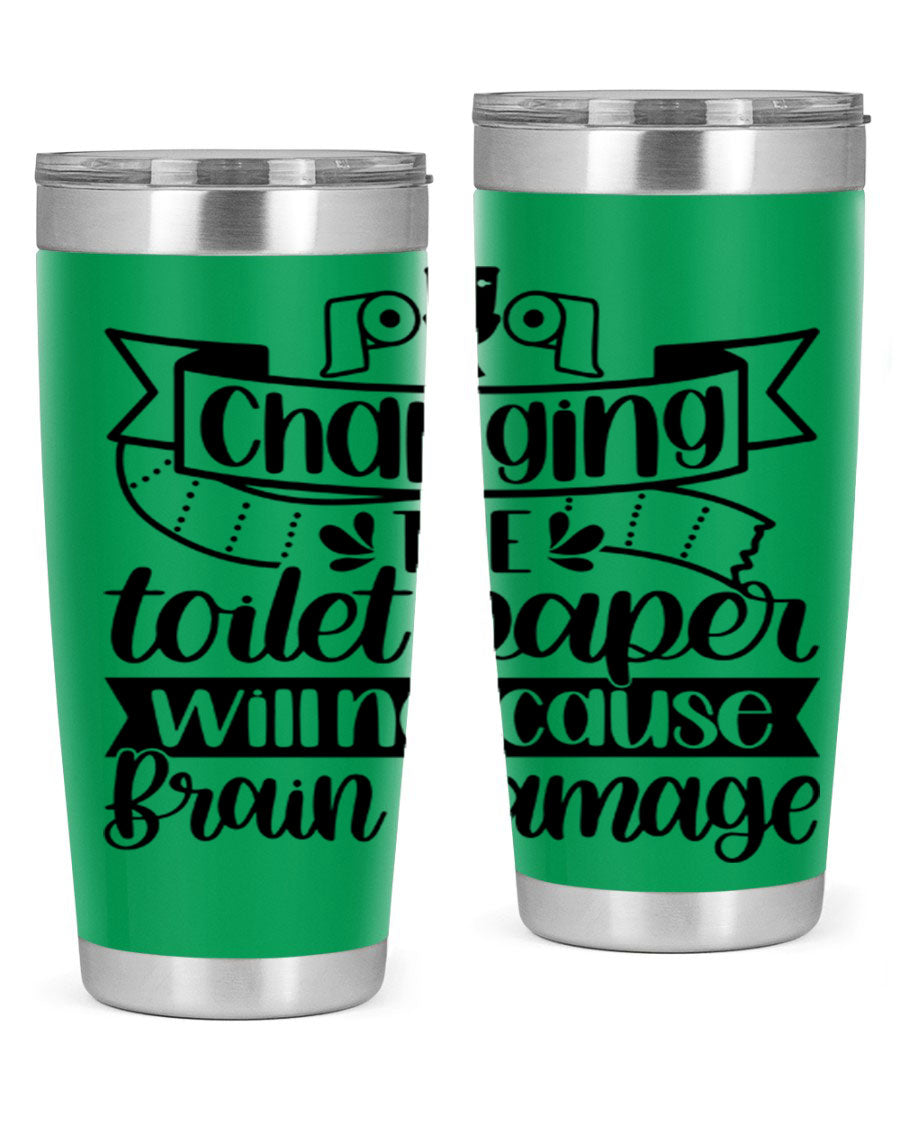 Changing the toilet paper 43# tumbler in stainless steel with a drink-thru lid, showcasing its sleek design and double wall insulation.