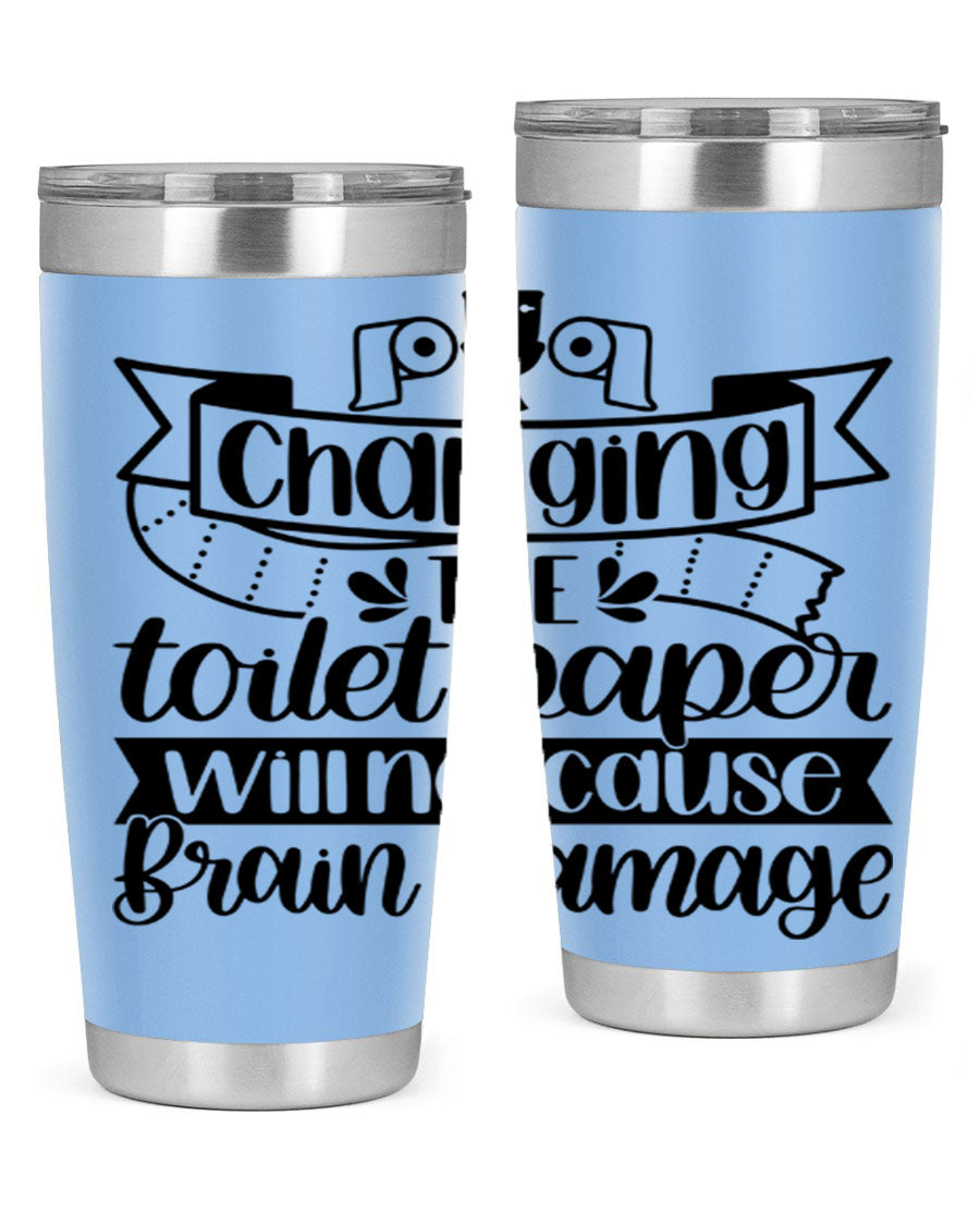 Changing the toilet paper 43# tumbler in stainless steel with a drink-thru lid, showcasing its sleek design and double wall insulation.