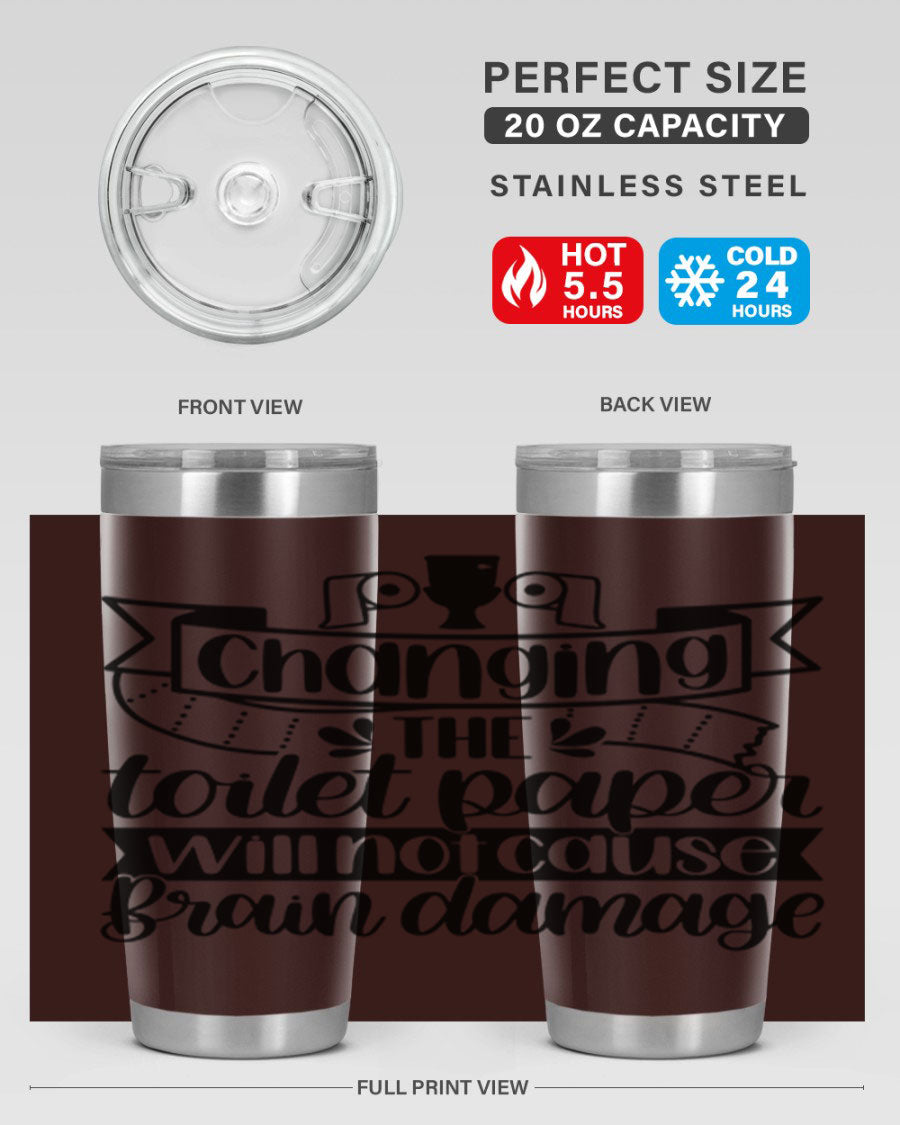 Changing the toilet paper 43# tumbler in stainless steel with a drink-thru lid, showcasing its sleek design and double wall insulation.