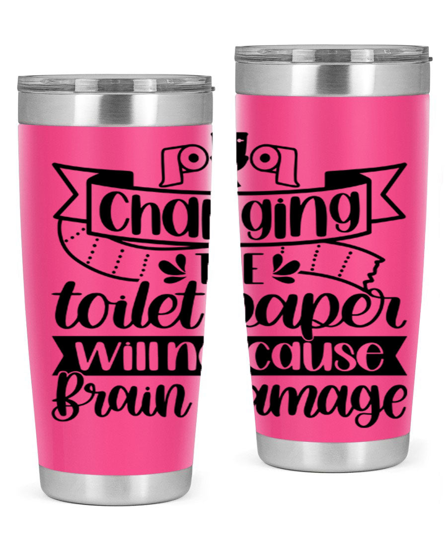 Changing the toilet paper 43# tumbler in stainless steel with a drink-thru lid, showcasing its sleek design and double wall insulation.