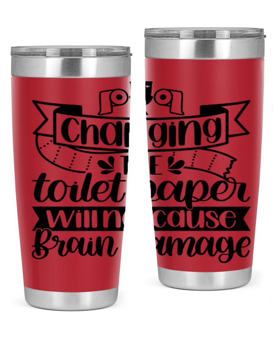 Changing the toilet paper 43# tumbler in stainless steel with a drink-thru lid, showcasing its sleek design and double wall insulation.