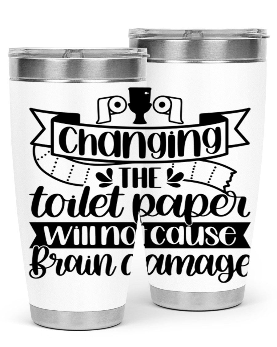 Changing the toilet paper 43# tumbler in stainless steel with a drink-thru lid, showcasing its sleek design and double wall insulation.