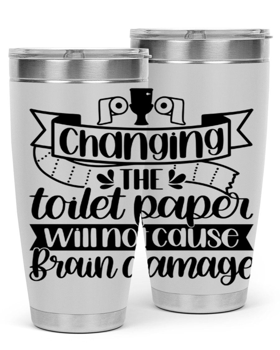 Changing the toilet paper 43# tumbler in stainless steel with a drink-thru lid, showcasing its sleek design and double wall insulation.