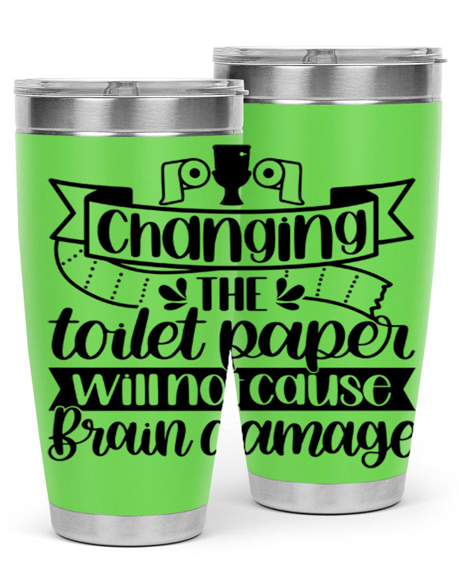 Changing the toilet paper 43# tumbler in stainless steel with a drink-thru lid, showcasing its sleek design and double wall insulation.