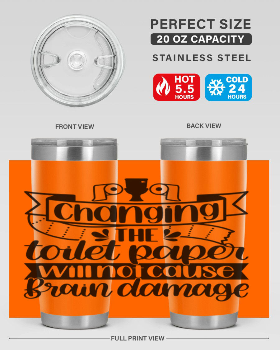 Changing the toilet paper 43# tumbler in stainless steel with a drink-thru lid, showcasing its sleek design and double wall insulation.