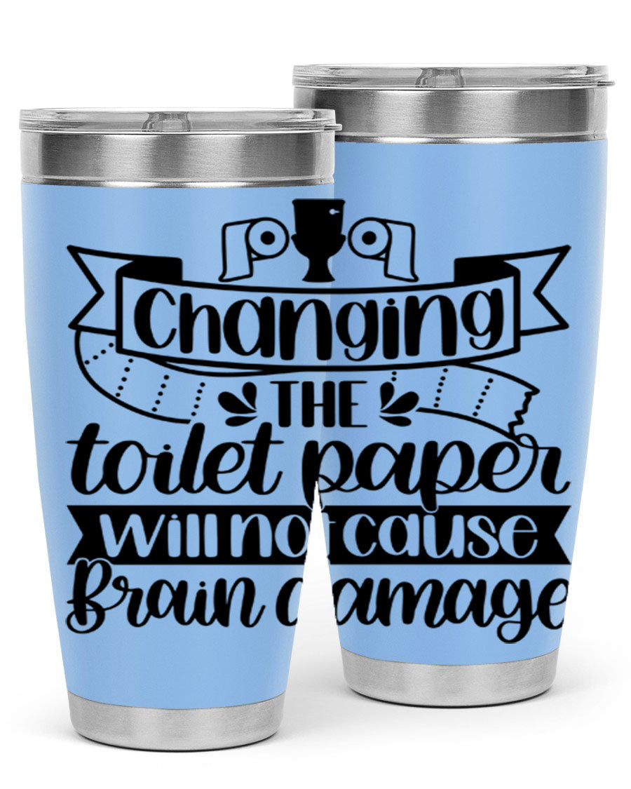 Changing the toilet paper 43# tumbler in stainless steel with a drink-thru lid, showcasing its sleek design and double wall insulation.