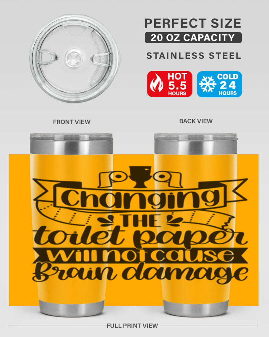 Changing the toilet paper 43# tumbler in stainless steel with a drink-thru lid, showcasing its sleek design and double wall insulation.