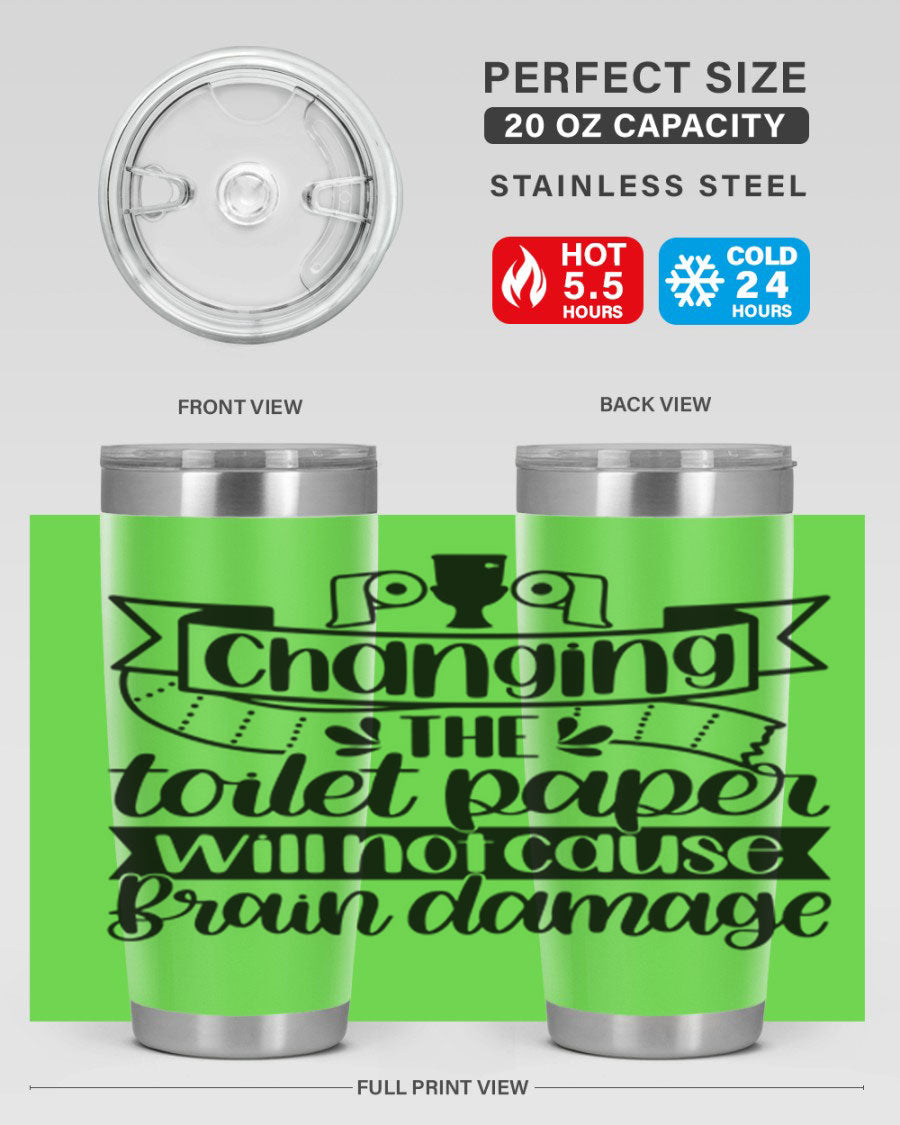 Changing the toilet paper 43# tumbler in stainless steel with a drink-thru lid, showcasing its sleek design and double wall insulation.