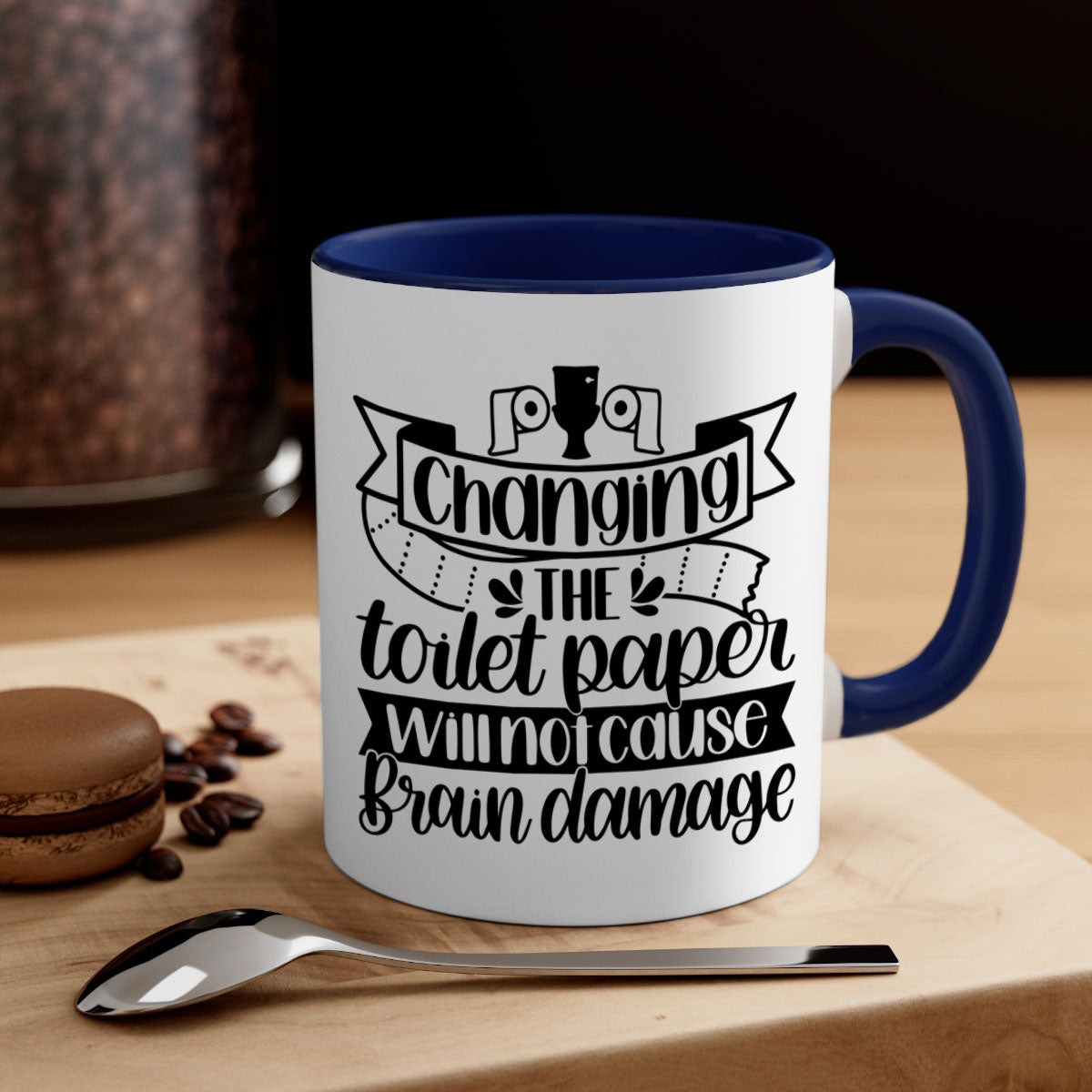 Changing the Toilet Paper 43# Mug with colorful handle and glossy finish, available in two sizes.