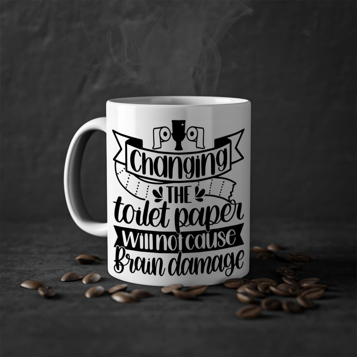 Changing the Toilet Paper 43# Mug with colorful handle and glossy finish, available in two sizes.