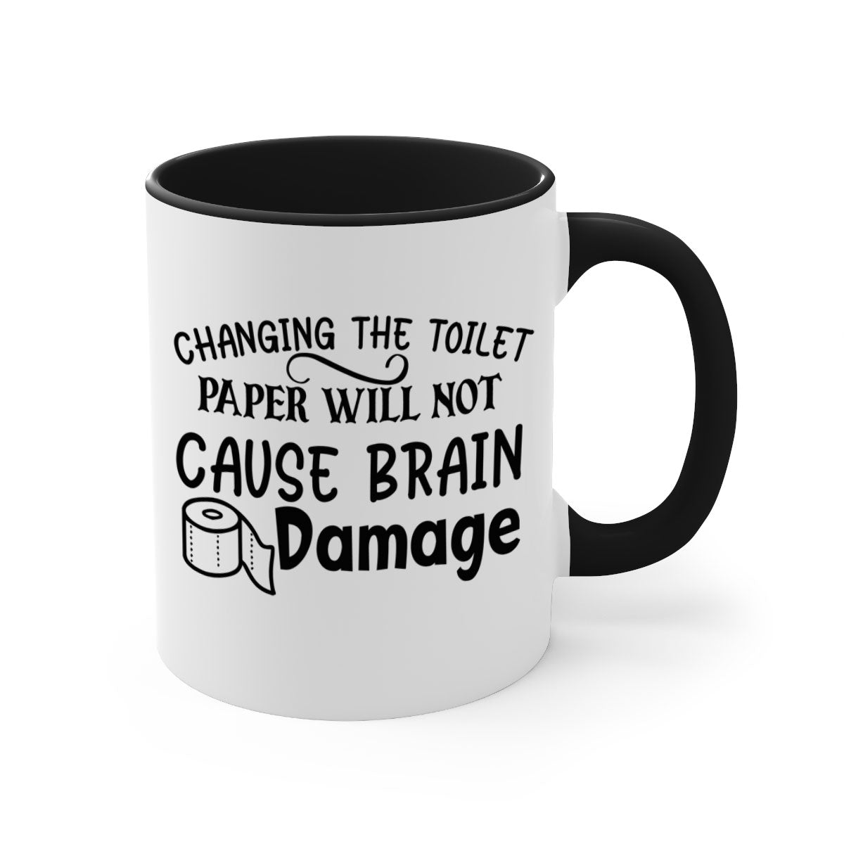 A two-tone ceramic mug with a humorous design, featuring a colored handle and interior, available in multiple colors.