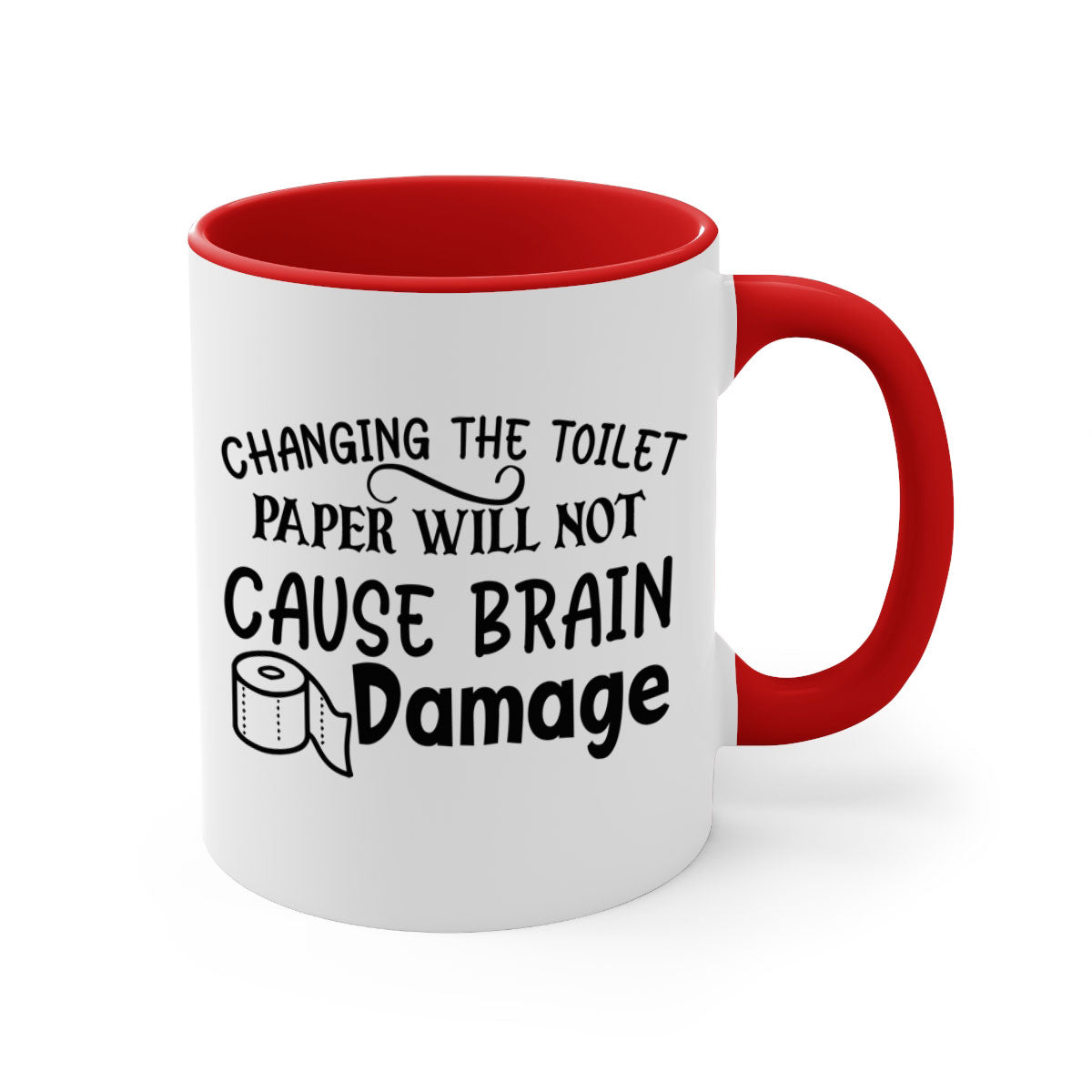 A two-tone ceramic mug with a humorous design, featuring a colored handle and interior, available in multiple colors.