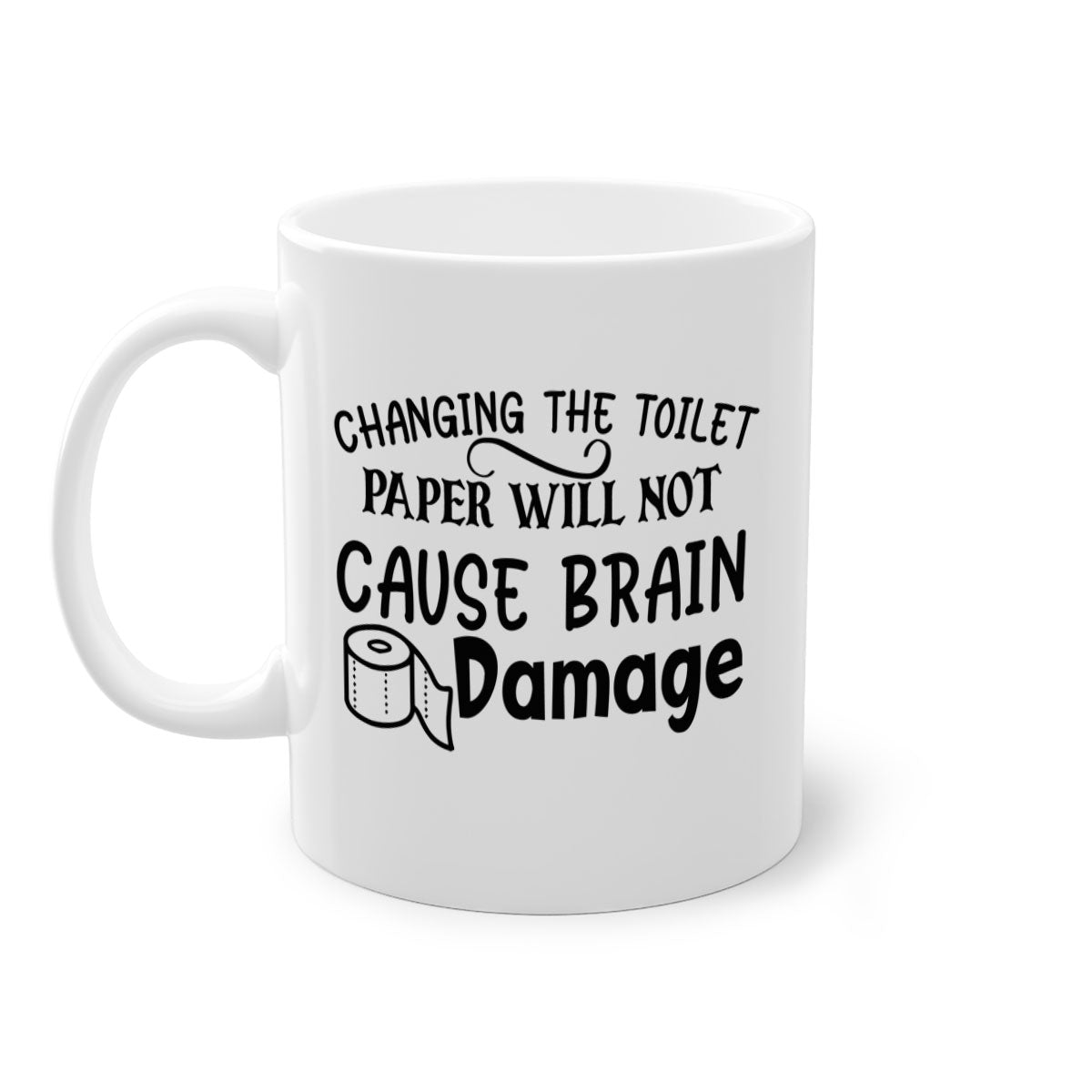 A two-tone ceramic mug with a humorous design, featuring a colored handle and interior, available in multiple colors.