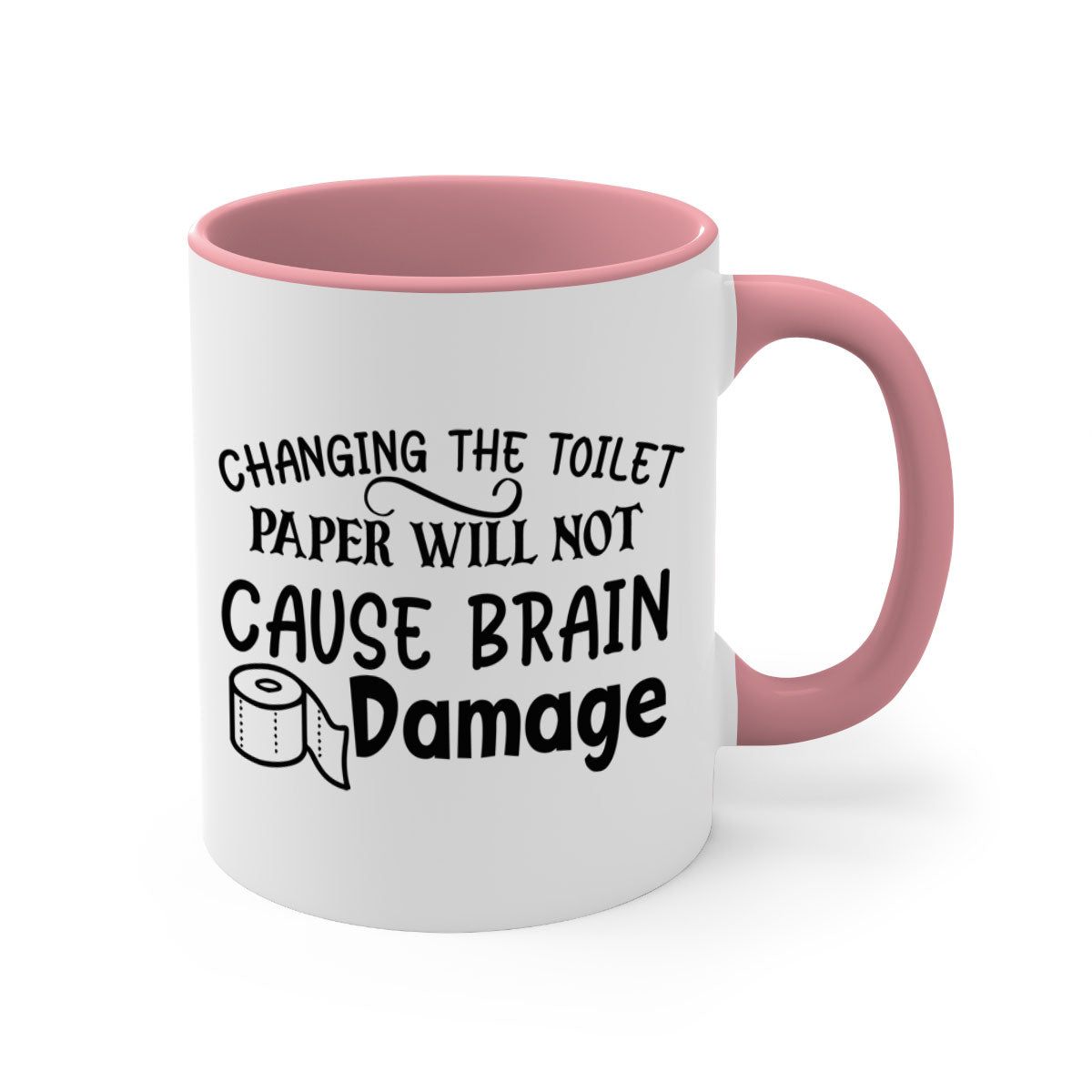 A two-tone ceramic mug with a humorous design, featuring a colored handle and interior, available in multiple colors.