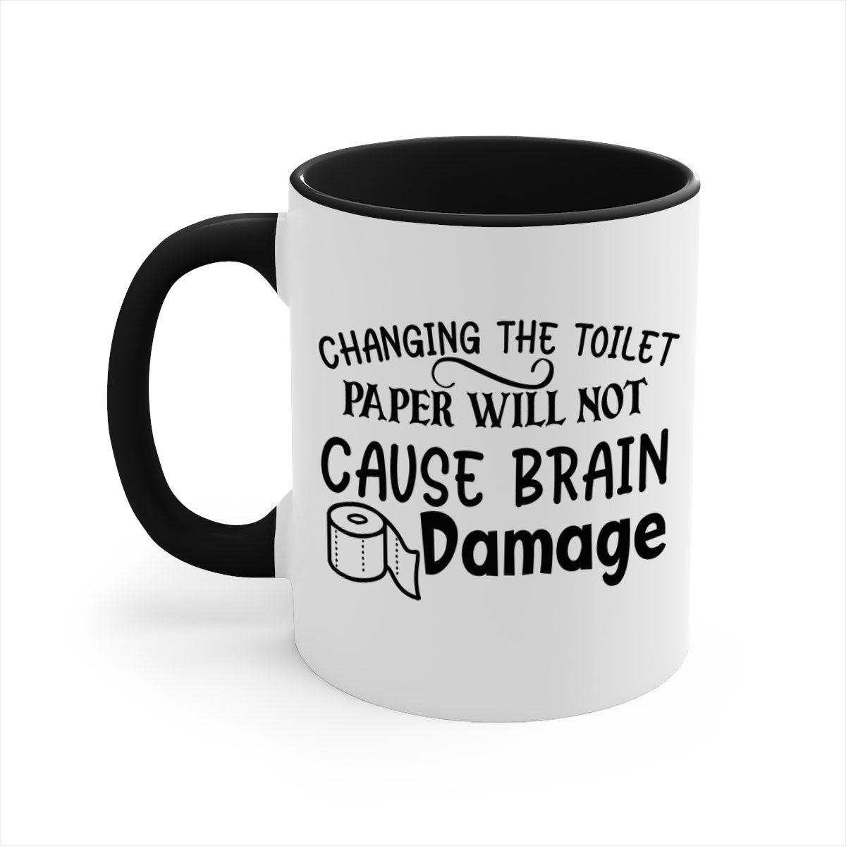 A two-tone ceramic mug with a humorous design, featuring a colored handle and interior, available in multiple colors.