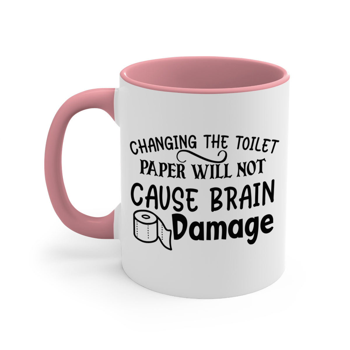 A two-tone ceramic mug with a humorous design, featuring a colored handle and interior, available in multiple colors.