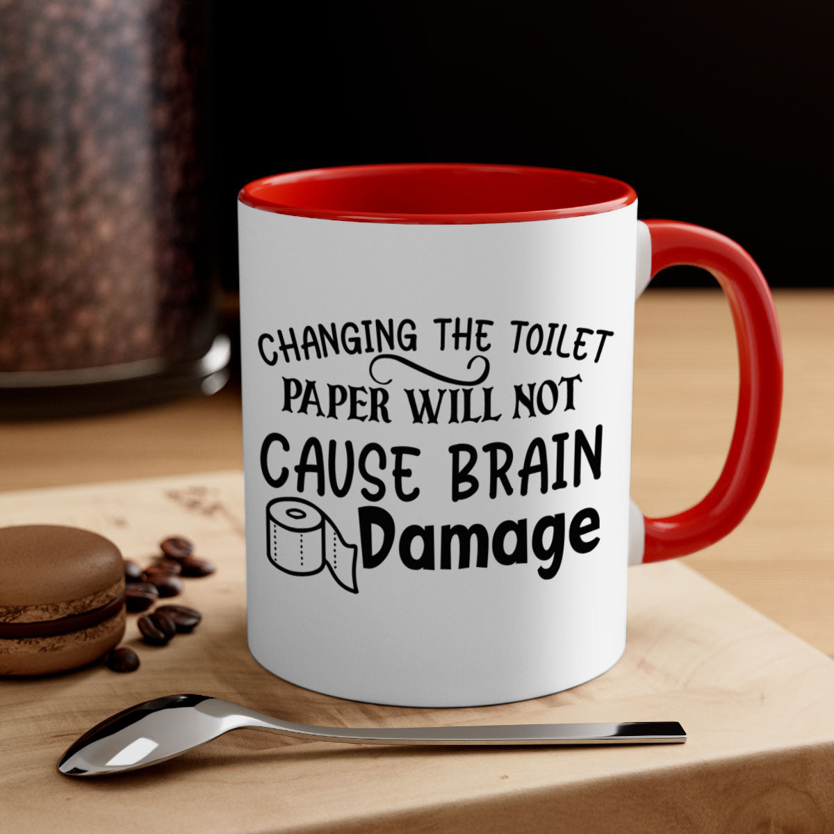 A two-tone ceramic mug with a humorous design, featuring a colored handle and interior, available in multiple colors.