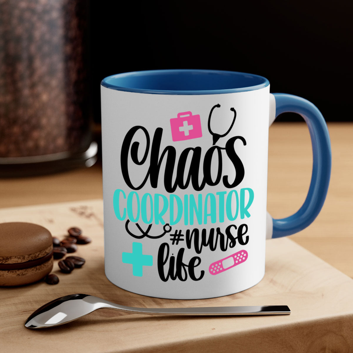 Chaos Coordinator Nurse Life Style Mug with colorful handle and glossy finish, available in multiple colors and sizes.