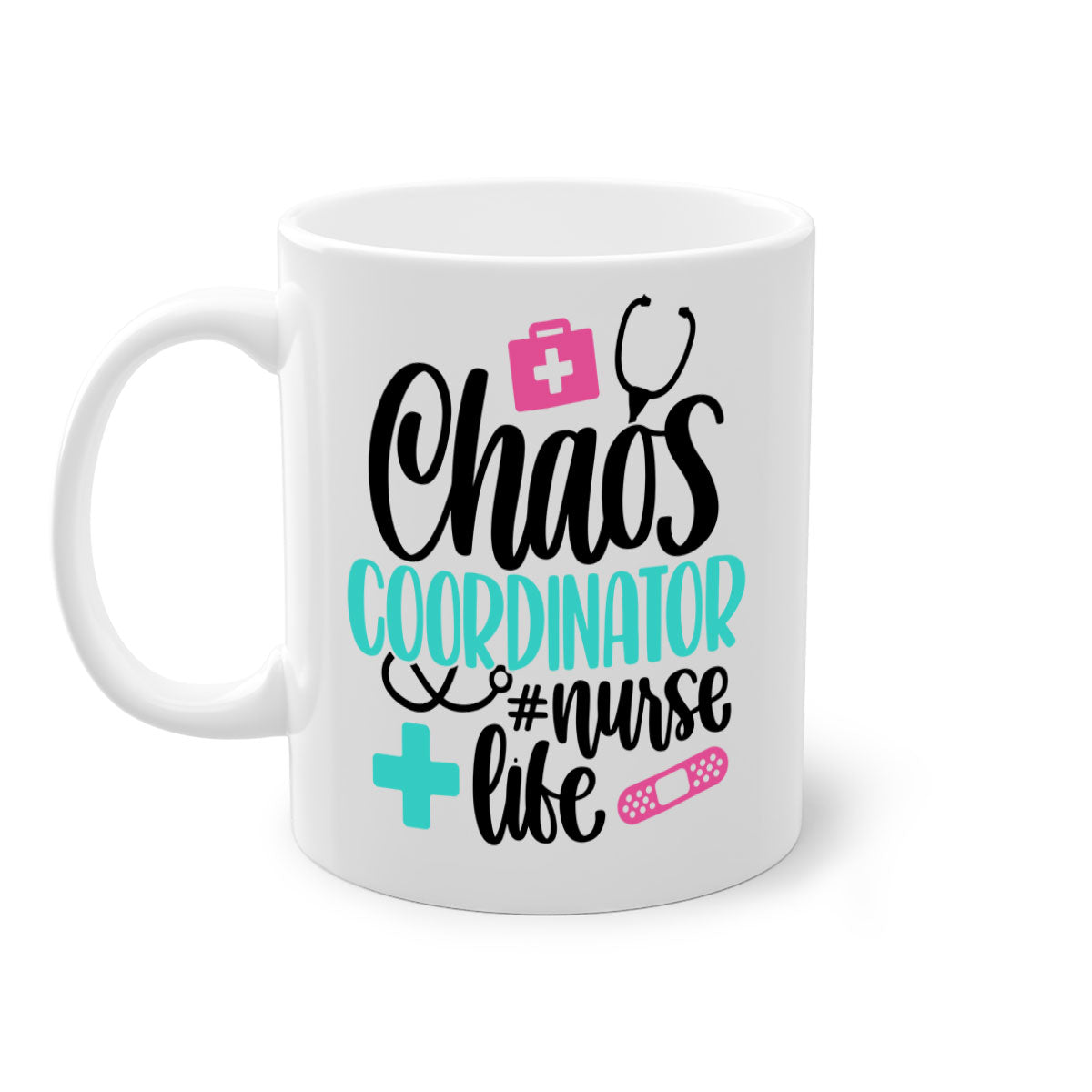 Chaos Coordinator Nurse Life Style Mug with colorful handle and glossy finish, available in multiple colors and sizes.