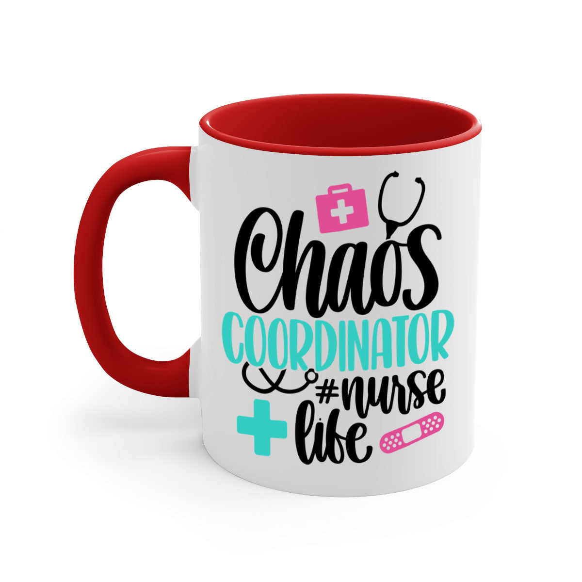 Chaos Coordinator Nurse Life Style Mug with colorful handle and glossy finish, available in multiple colors and sizes.