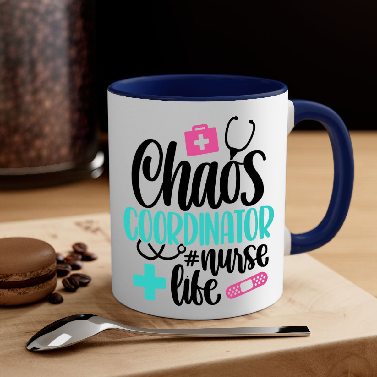 Chaos Coordinator Nurse Life Style Mug with colorful handle and glossy finish, available in multiple colors and sizes.