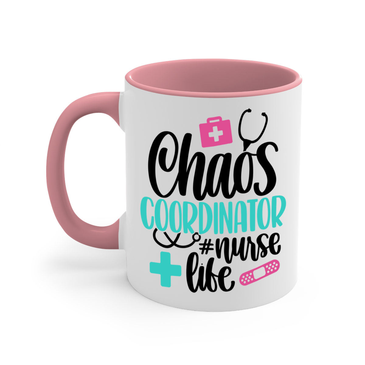 Chaos Coordinator Nurse Life Style Mug with colorful handle and glossy finish, available in multiple colors and sizes.