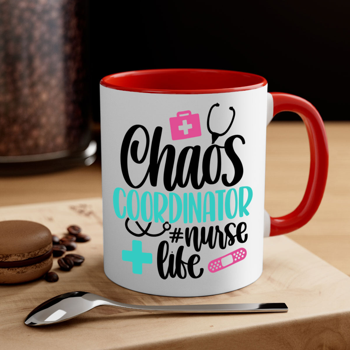 Chaos Coordinator Nurse Life Style Mug with colorful handle and glossy finish, available in multiple colors and sizes.