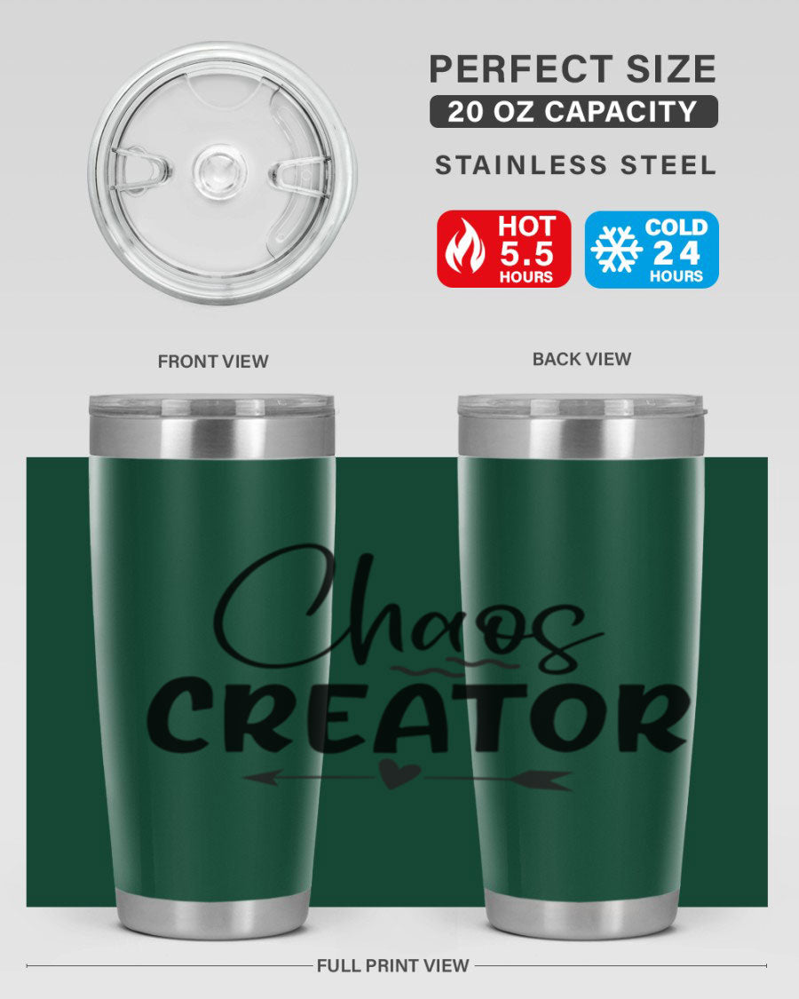 Chaos Creator Style 271# baby tumbler in stainless steel with a drink-thru lid, showcasing its sleek design and double wall vacuum insulation.