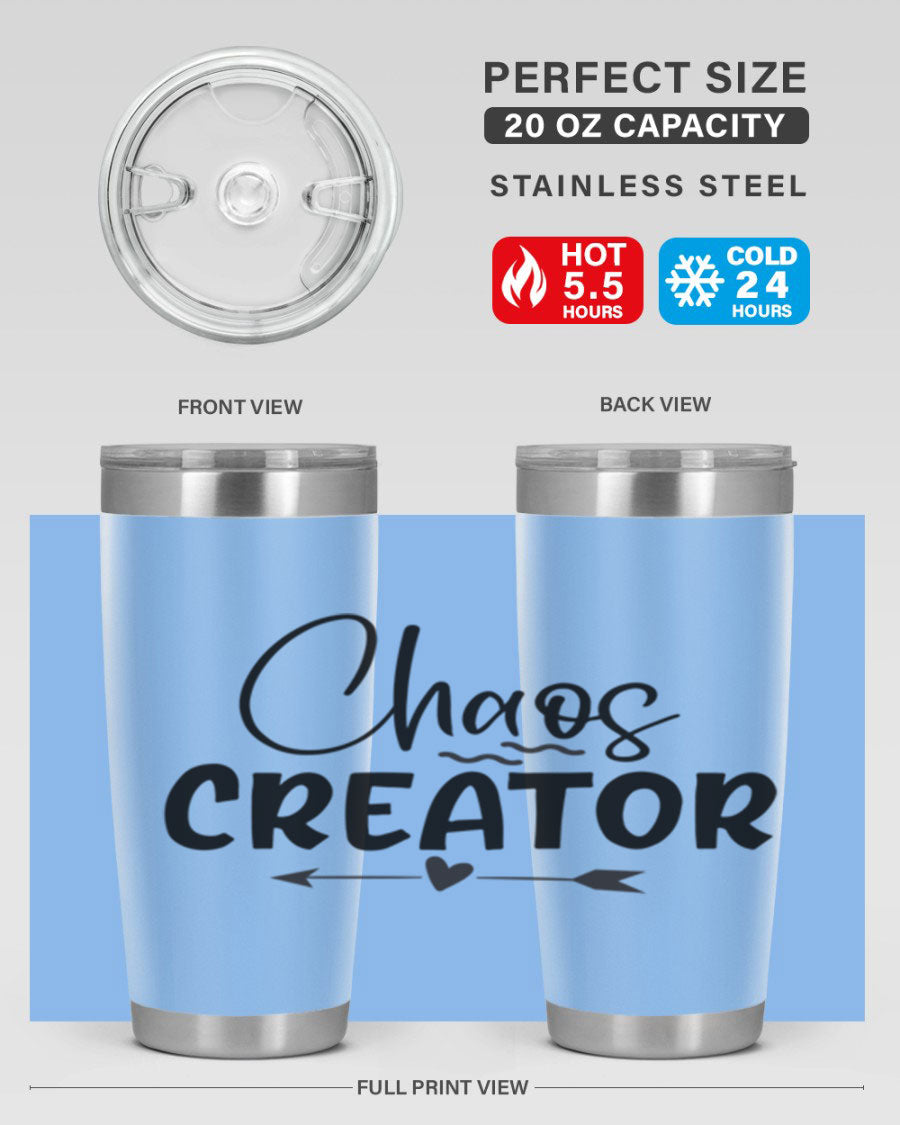Chaos Creator Style 271# baby tumbler in stainless steel with a drink-thru lid, showcasing its sleek design and double wall vacuum insulation.