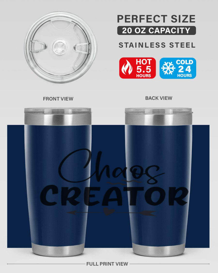 Chaos Creator Style 271# baby tumbler in stainless steel with a drink-thru lid, showcasing its sleek design and double wall vacuum insulation.