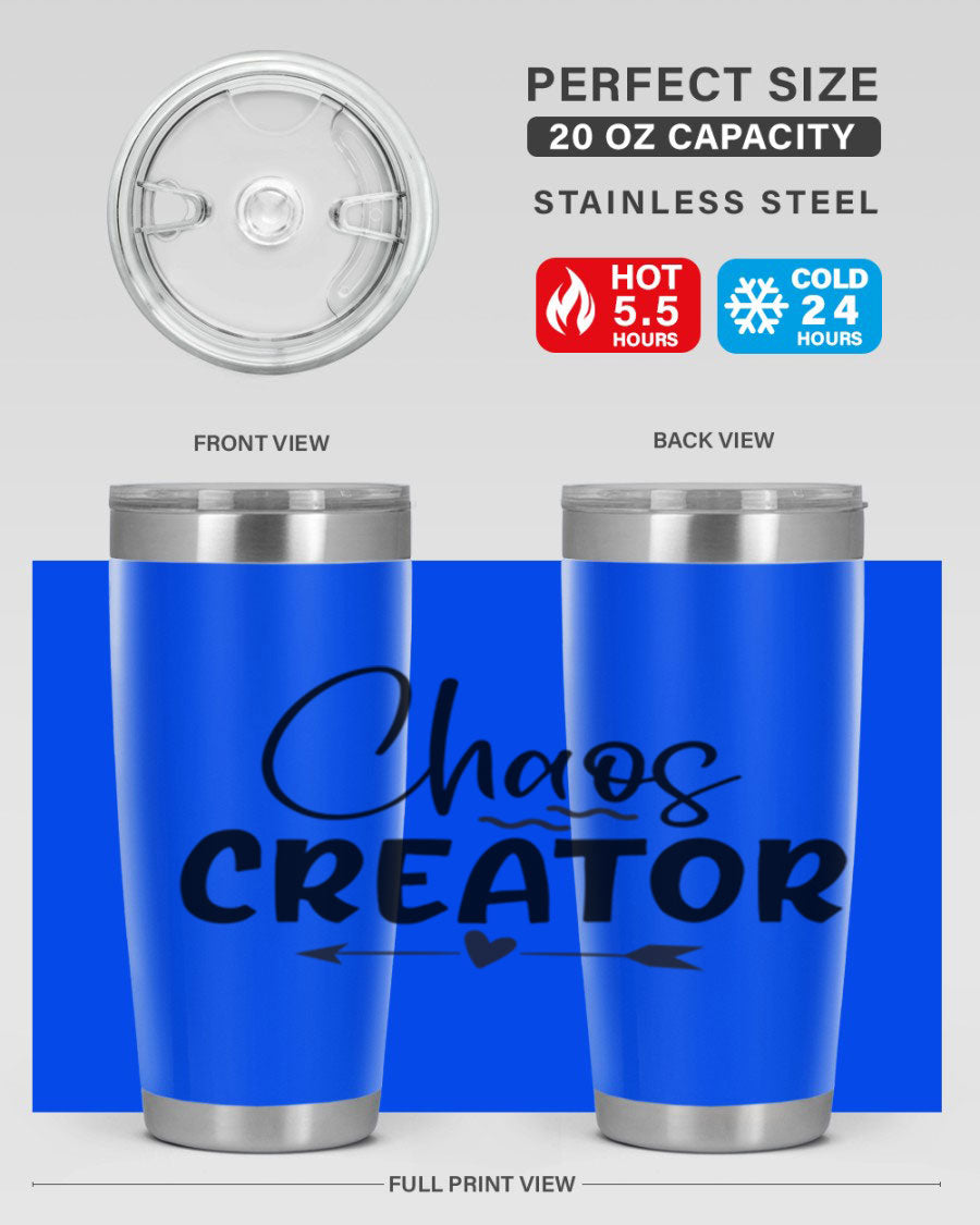 Chaos Creator Style 271# baby tumbler in stainless steel with a drink-thru lid, showcasing its sleek design and double wall vacuum insulation.