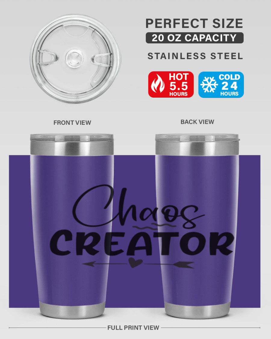 Chaos Creator Style 271# baby tumbler in stainless steel with a drink-thru lid, showcasing its sleek design and double wall vacuum insulation.