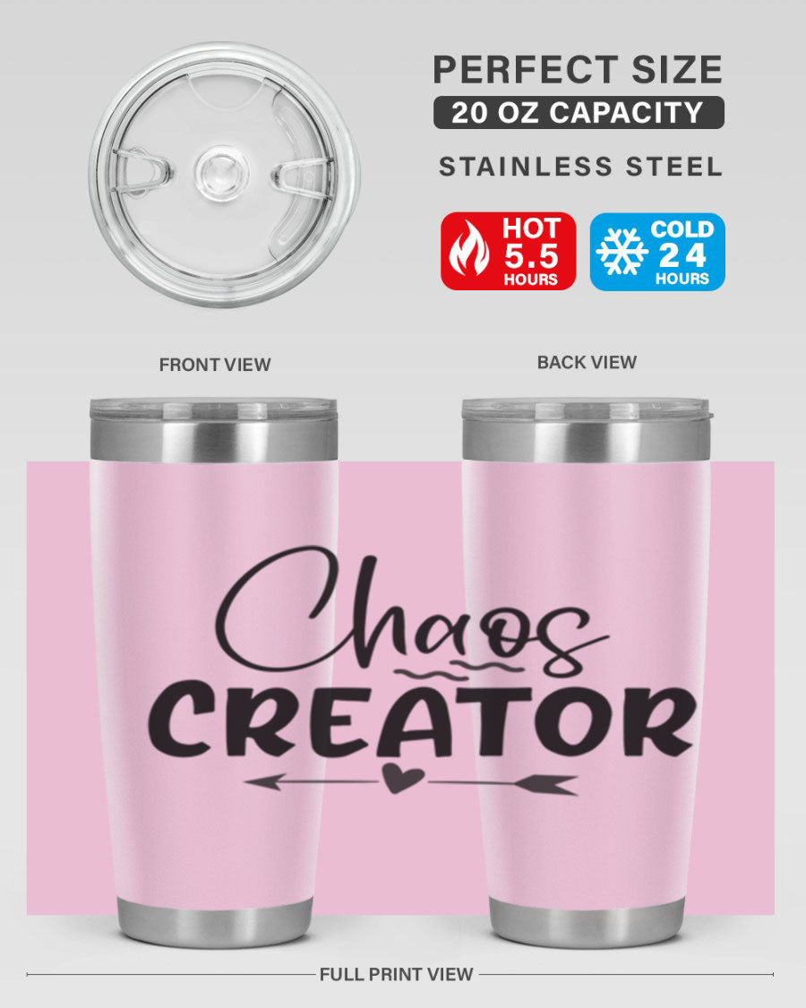 Chaos Creator Style 271# baby tumbler in stainless steel with a drink-thru lid, showcasing its sleek design and double wall vacuum insulation.