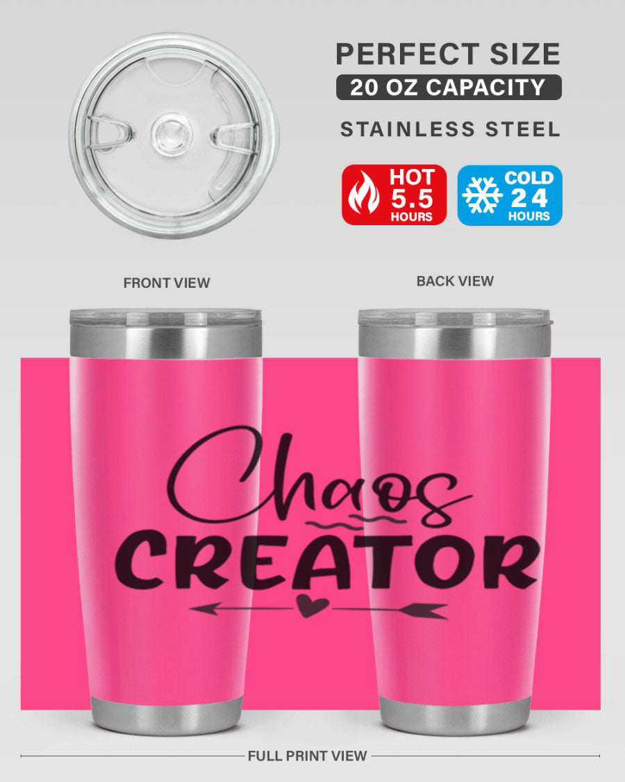 Chaos Creator Style 271# baby tumbler in stainless steel with a drink-thru lid, showcasing its sleek design and double wall vacuum insulation.