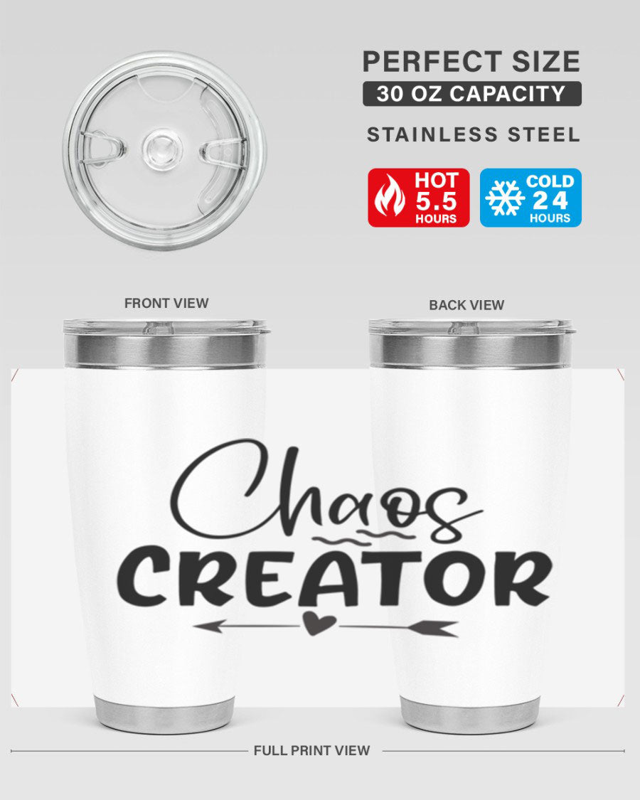 Chaos Creator Style 271# baby tumbler in stainless steel with a drink-thru lid, showcasing its sleek design and double wall vacuum insulation.