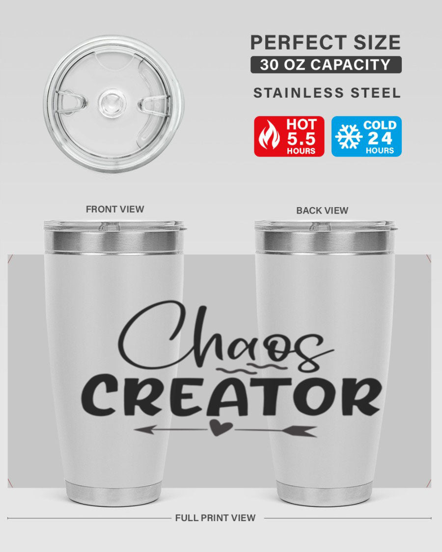 Chaos Creator Style 271# baby tumbler in stainless steel with a drink-thru lid, showcasing its sleek design and double wall vacuum insulation.