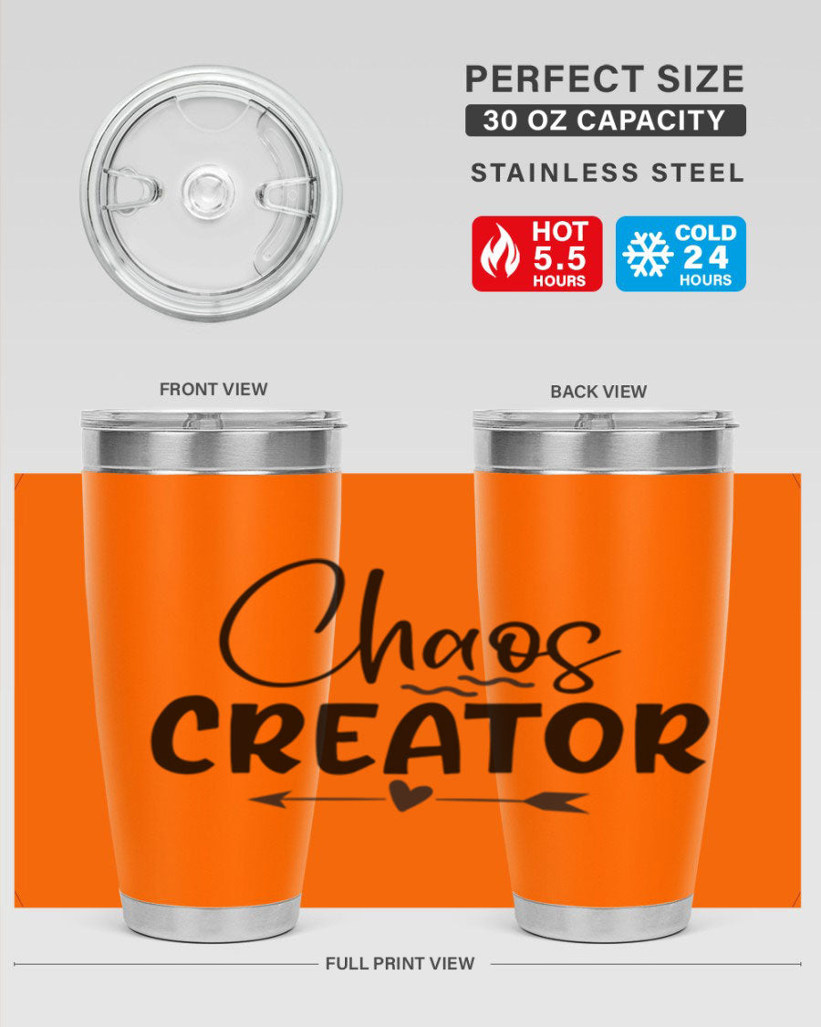 Chaos Creator Style 271# baby tumbler in stainless steel with a drink-thru lid, showcasing its sleek design and double wall vacuum insulation.