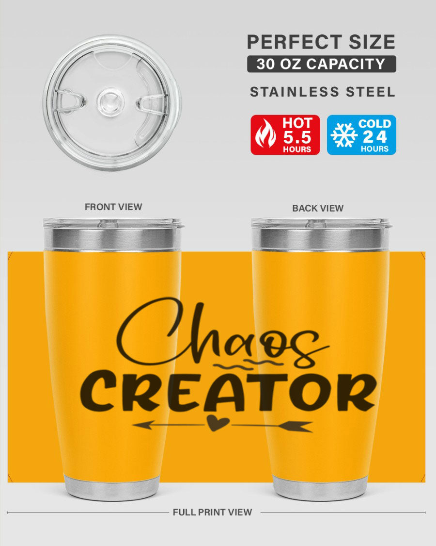Chaos Creator Style 271# baby tumbler in stainless steel with a drink-thru lid, showcasing its sleek design and double wall vacuum insulation.