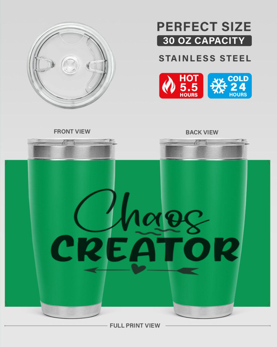 Chaos Creator Style 271# baby tumbler in stainless steel with a drink-thru lid, showcasing its sleek design and double wall vacuum insulation.