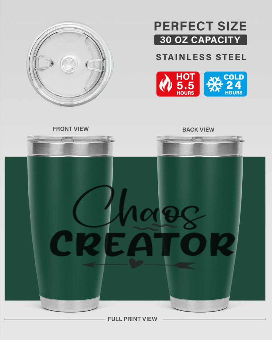 Chaos Creator Style 271# baby tumbler in stainless steel with a drink-thru lid, showcasing its sleek design and double wall vacuum insulation.